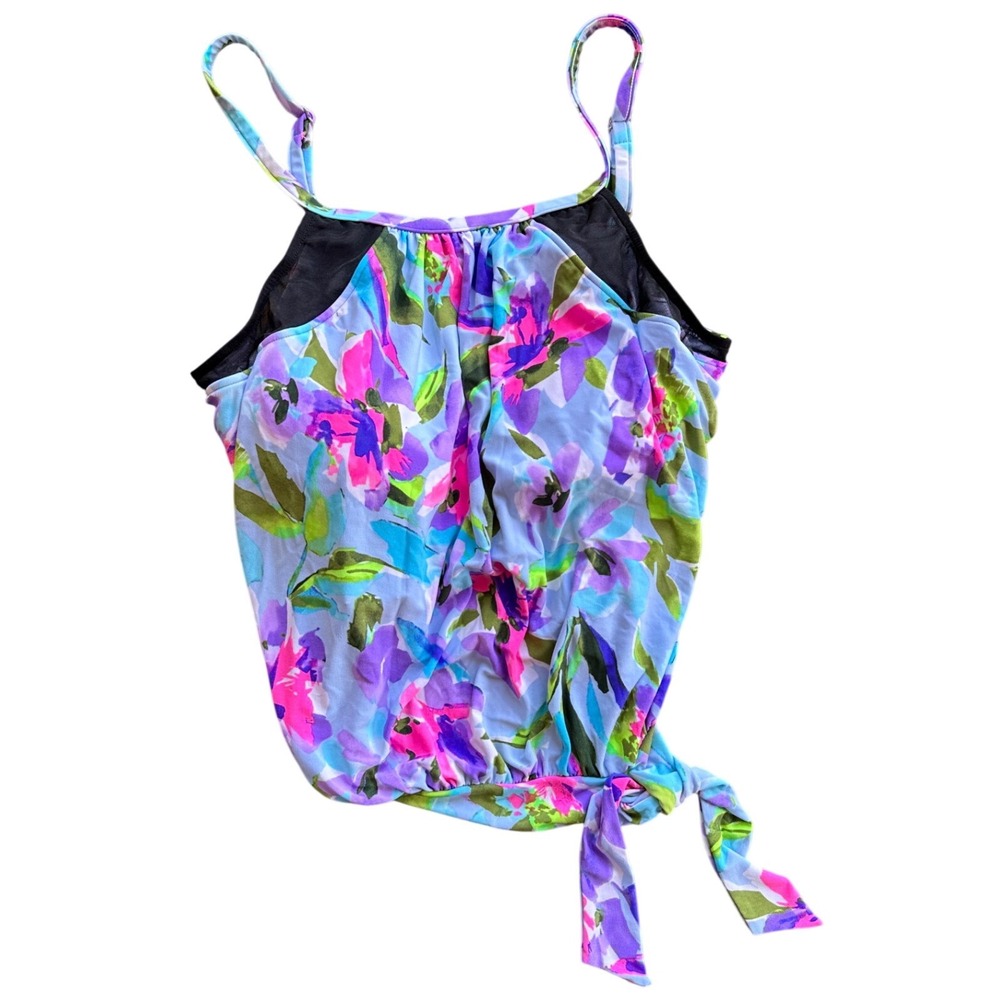 Paradise Bay Floral Blouson Tankini Swim Top Purple Pink Blue Side Tie Size 14